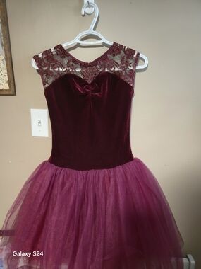 Women's Burgundy Velvet & Tulle Dress with Lace Yoke